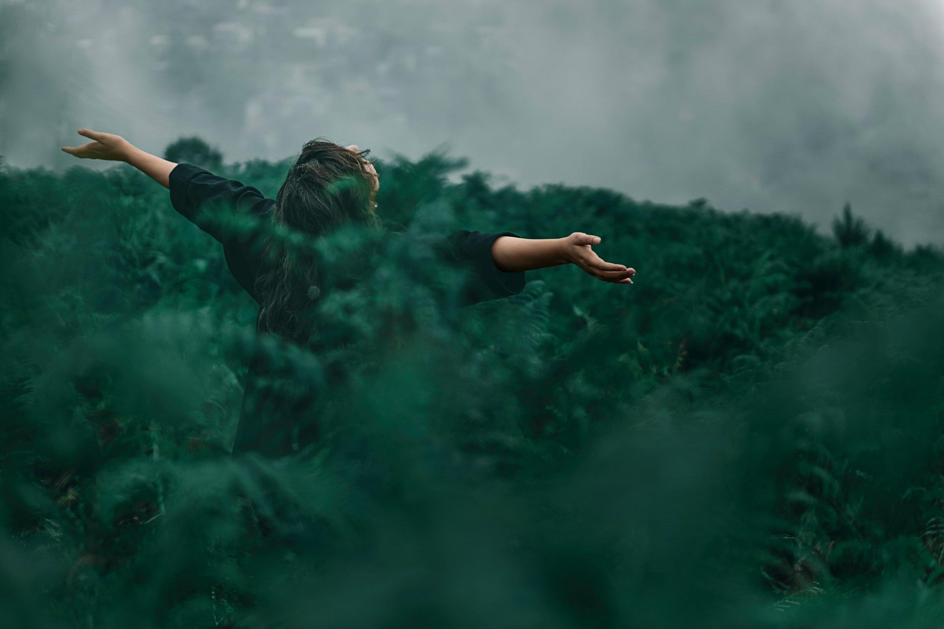 Person reconnecting with nature in a forest.