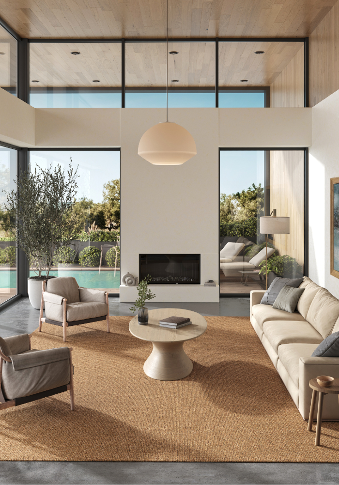 A stylish rug by Synsisal, made from ECONYL® regenerated nylon, in a modern living room setting with sofa