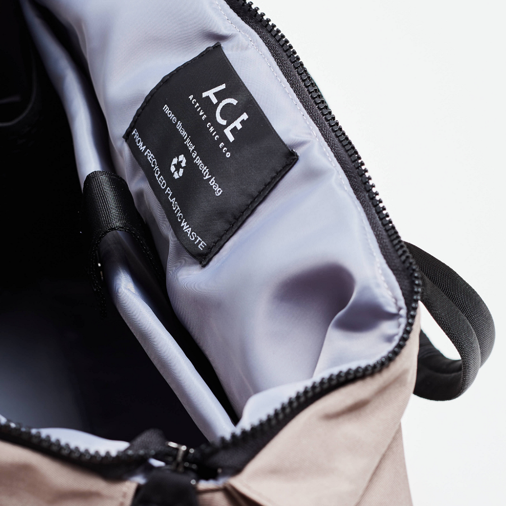 Close up ACE Bagpack color Taupe made with ECONYL® regenerated nylon