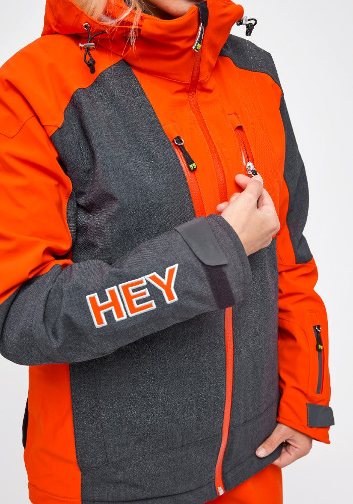 Zipper detail of the Snowbird Wool Jacket Woman Hey Sport color Grey and Orange made with ECONYL® regenerated nylon