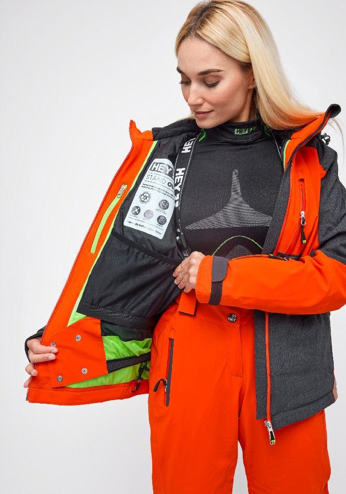 Inside detail of the Snowbird Wool Jacket Woman Hey Sport color Grey and Orange made with ECONYL® regenerated nylon