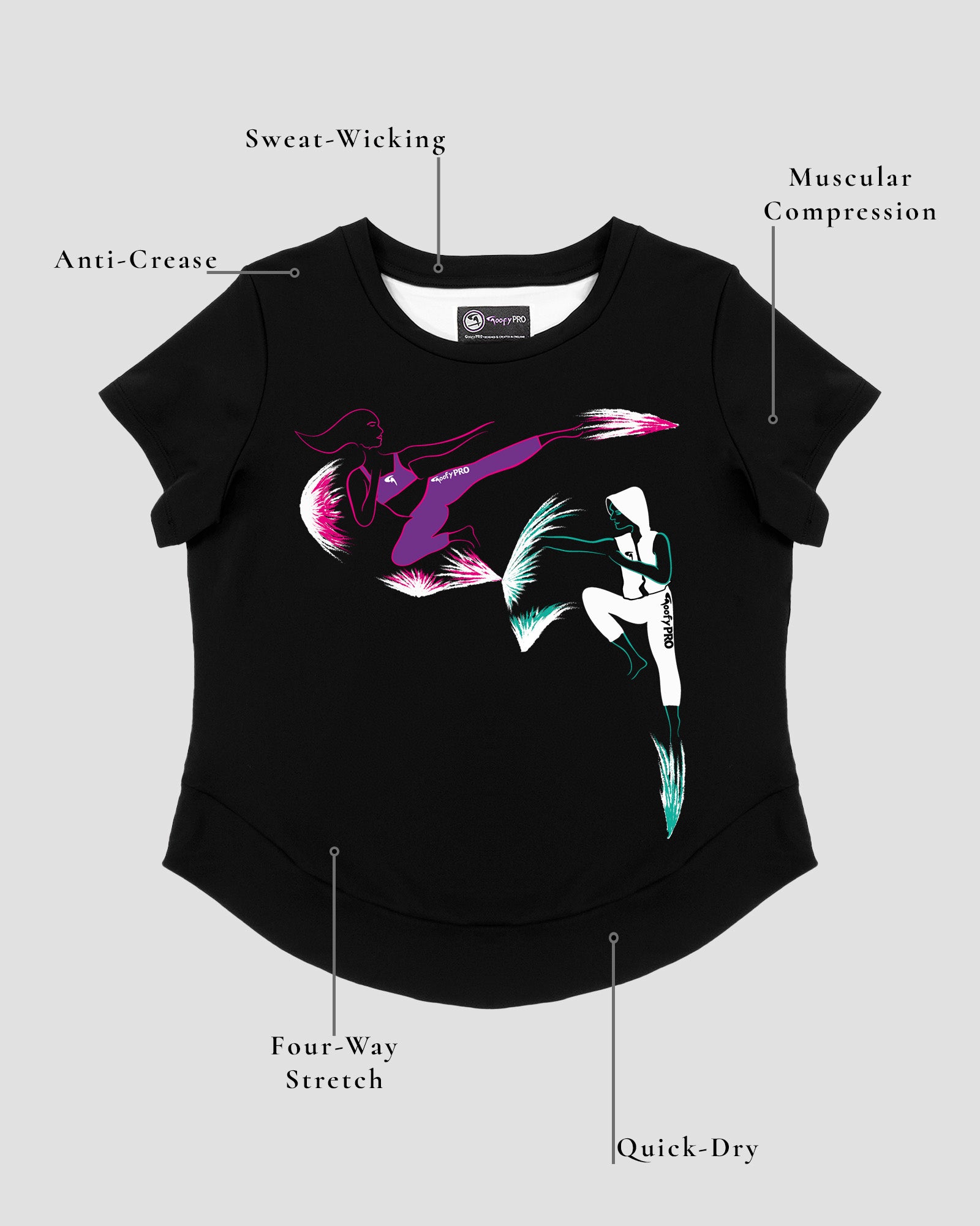 A black athletic t-shirt with a colorful graphic of a martial artist by the brand GoofyPRO, made with ECONYL®nylon