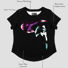 Load image into Gallery viewer, A black athletic t-shirt with a colorful graphic of a martial artist by the brand GoofyPRO, made with ECONYL®nylon
