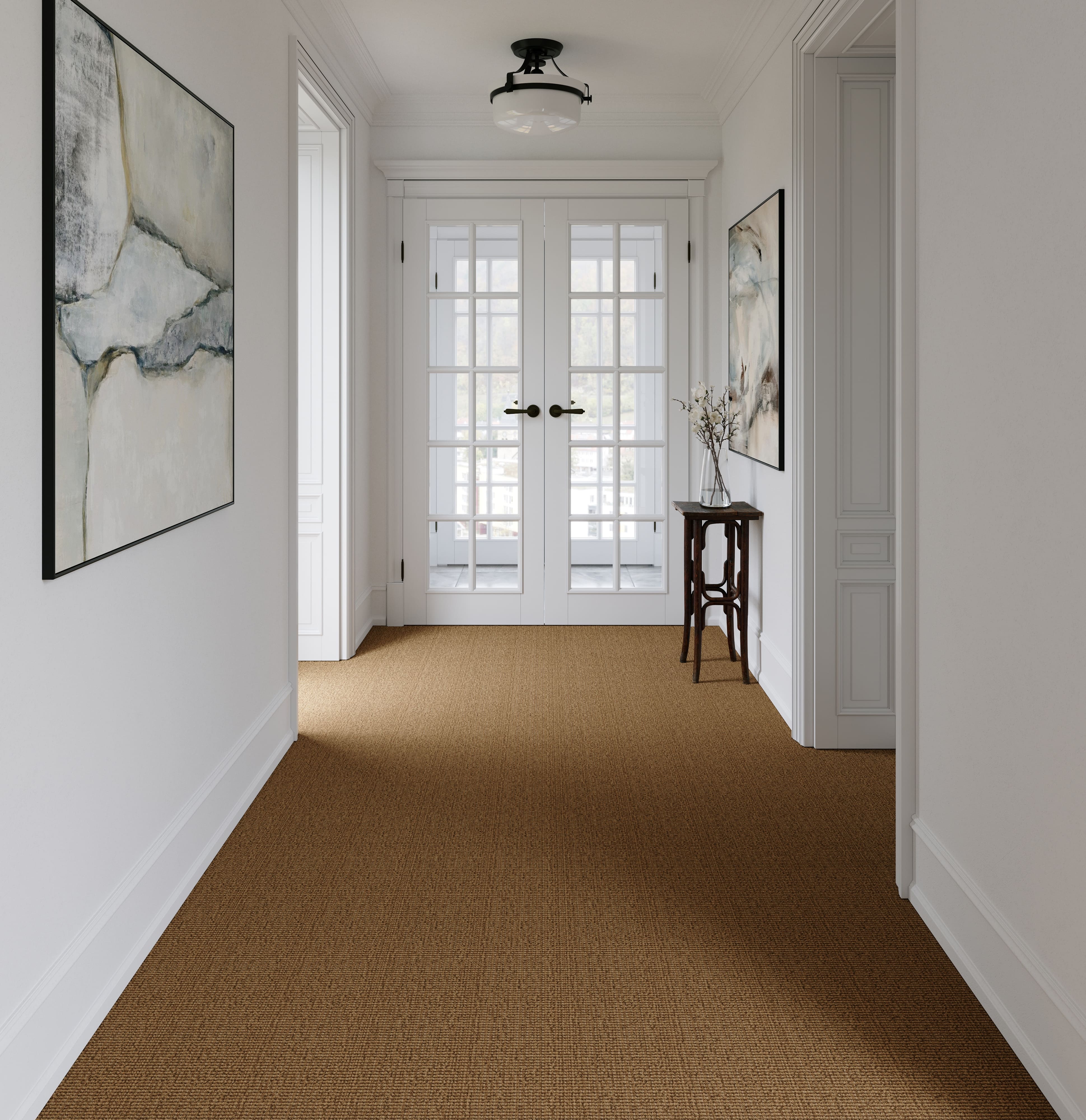 Hallway with brown carpet, white walls, and a glass door at the end. Rug by Synsisal made with ECONYL® regenerated nylon