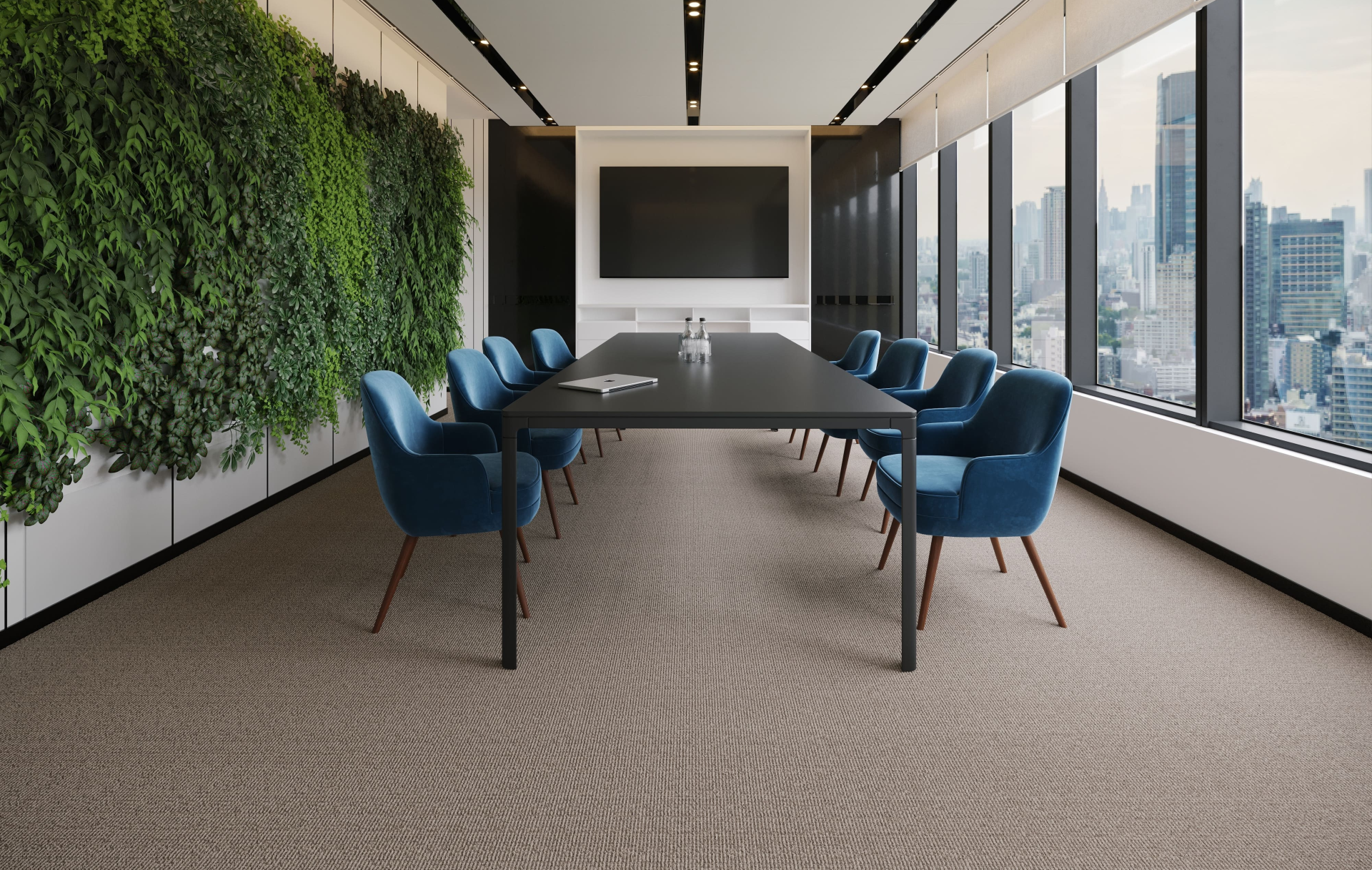 Modern conference room with a large table and blue chairs, featuring a living wall and cityscape view. Rug by Synsisal made with ECONYL® regenerated nylon