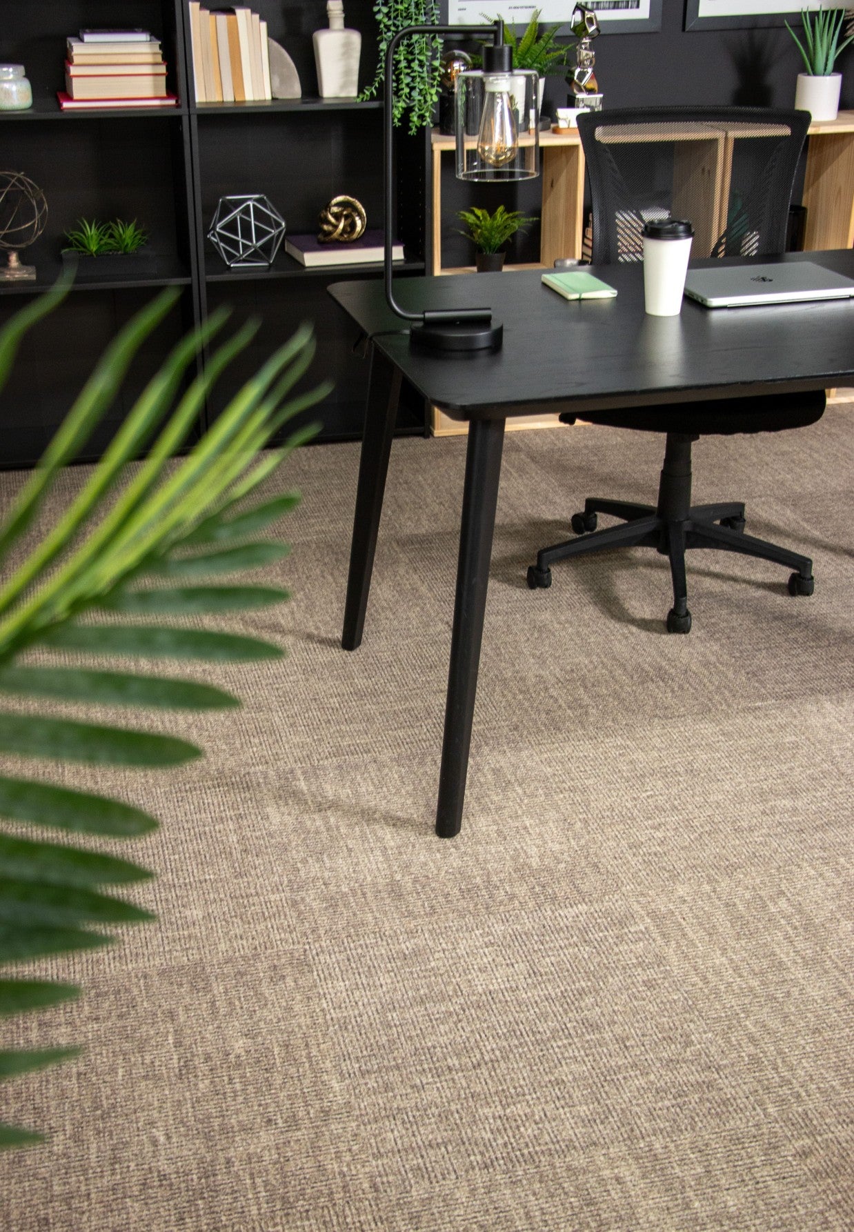 Black office desk in a modern office setting with plants and office supplies. Rug by Synsisal made with ECONYL® regenerated nylon