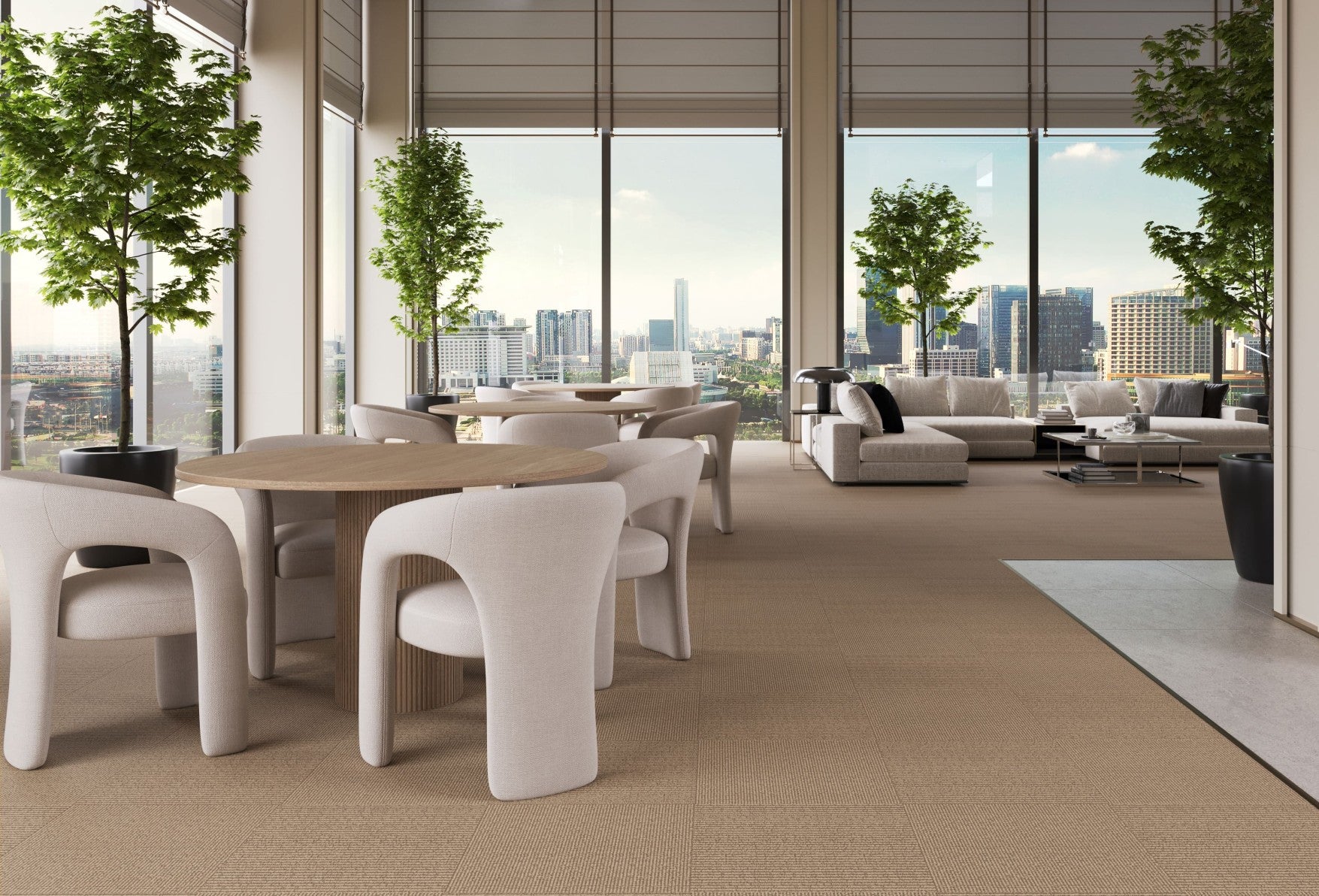 Modern office interior with a large window view of a city skyline. Rug made with econyl nylon