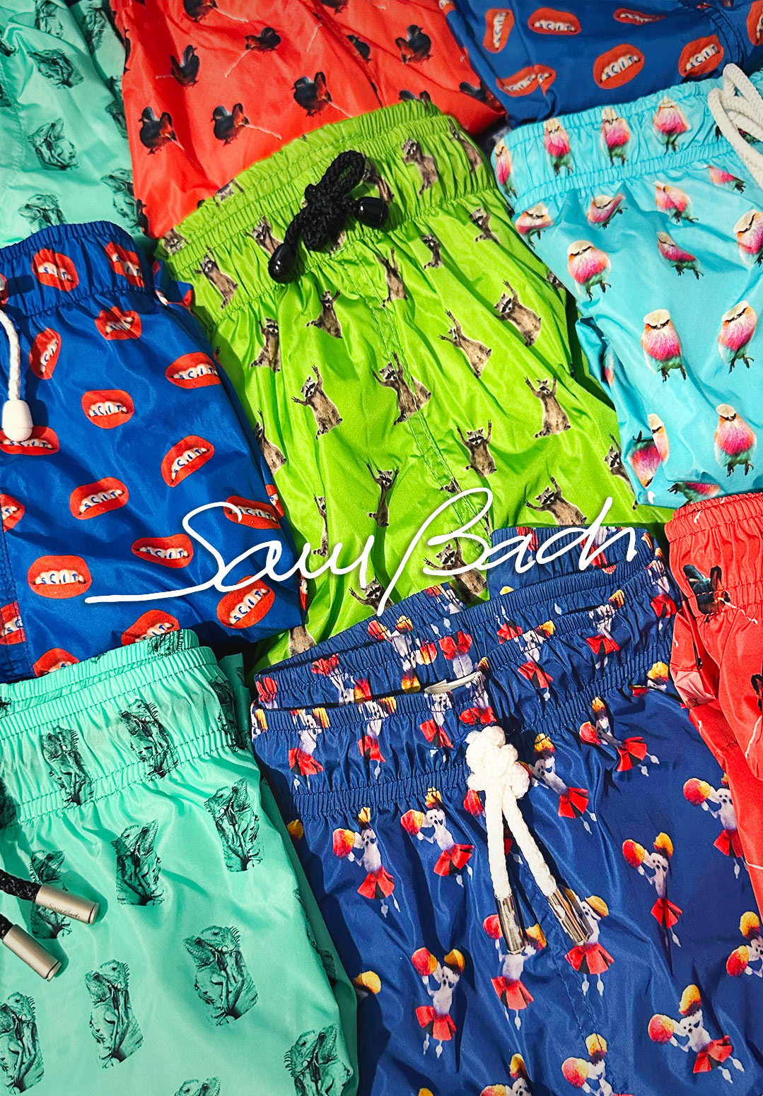 Colorful swim made with econyl nylon trunks with various patterns on a checkered background, featuring the brand 'Sam Badin'.