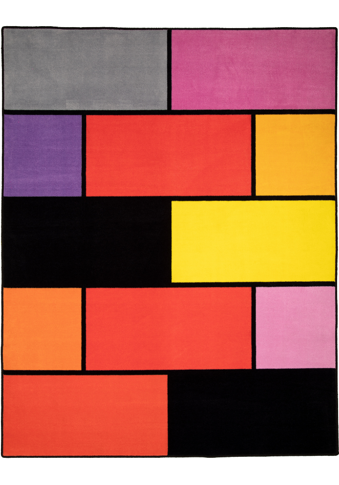 A colorful geometric carpet with bold blocks of color. Limited edition art piece by Ugo Rondinone, made with ECONYL® yarn.
