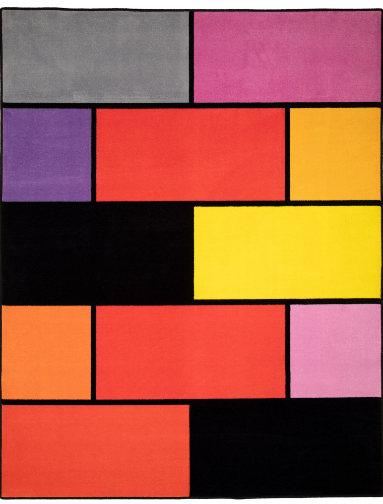 A colorful geometric carpet with bold blocks of color. Limited edition art piece by Ugo Rondinone, made with ECONYL® yarn.