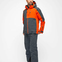 Load image into Gallery viewer, Man wearing the Snowbird Wool Jacket Man Hey Sport color Grey and Orange made with ECONYL® regenerated nylon
