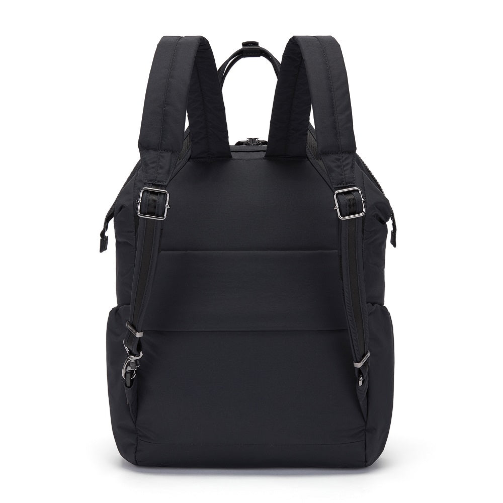 Back view of the Pacsafe Citysafe CX Anti-Theft Backpack color Black made with ECONYL® regenerated nylon