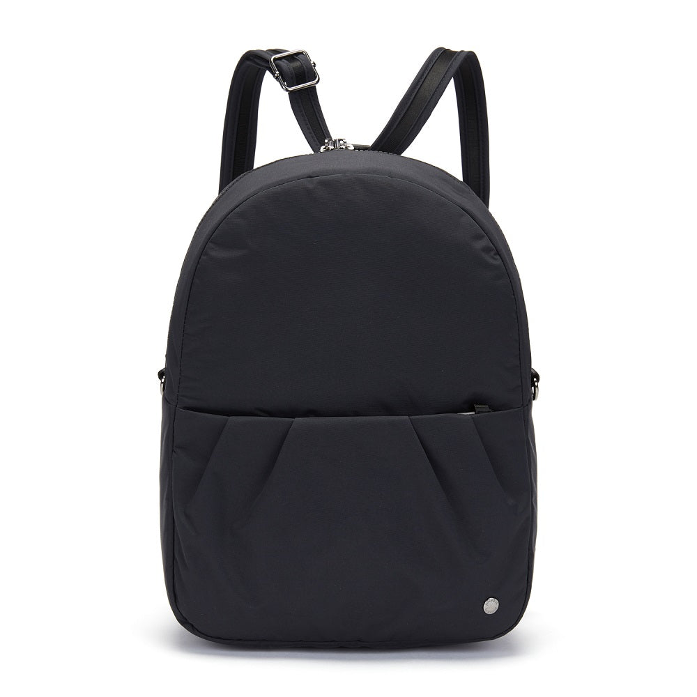 Front view of the Pacsafe Citysafe CX Anti-Theft Convertible Backpack color Black made with ECONYL® regenerated nylon