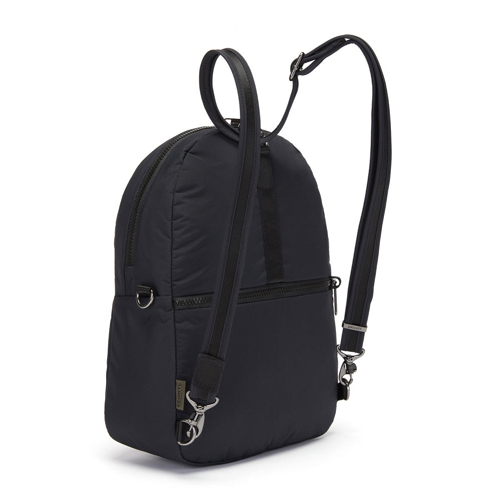 Back side view of the Pacsafe Citysafe CX Anti-Theft Convertible Backpack color Black made with ECONYL® regenerated nylon