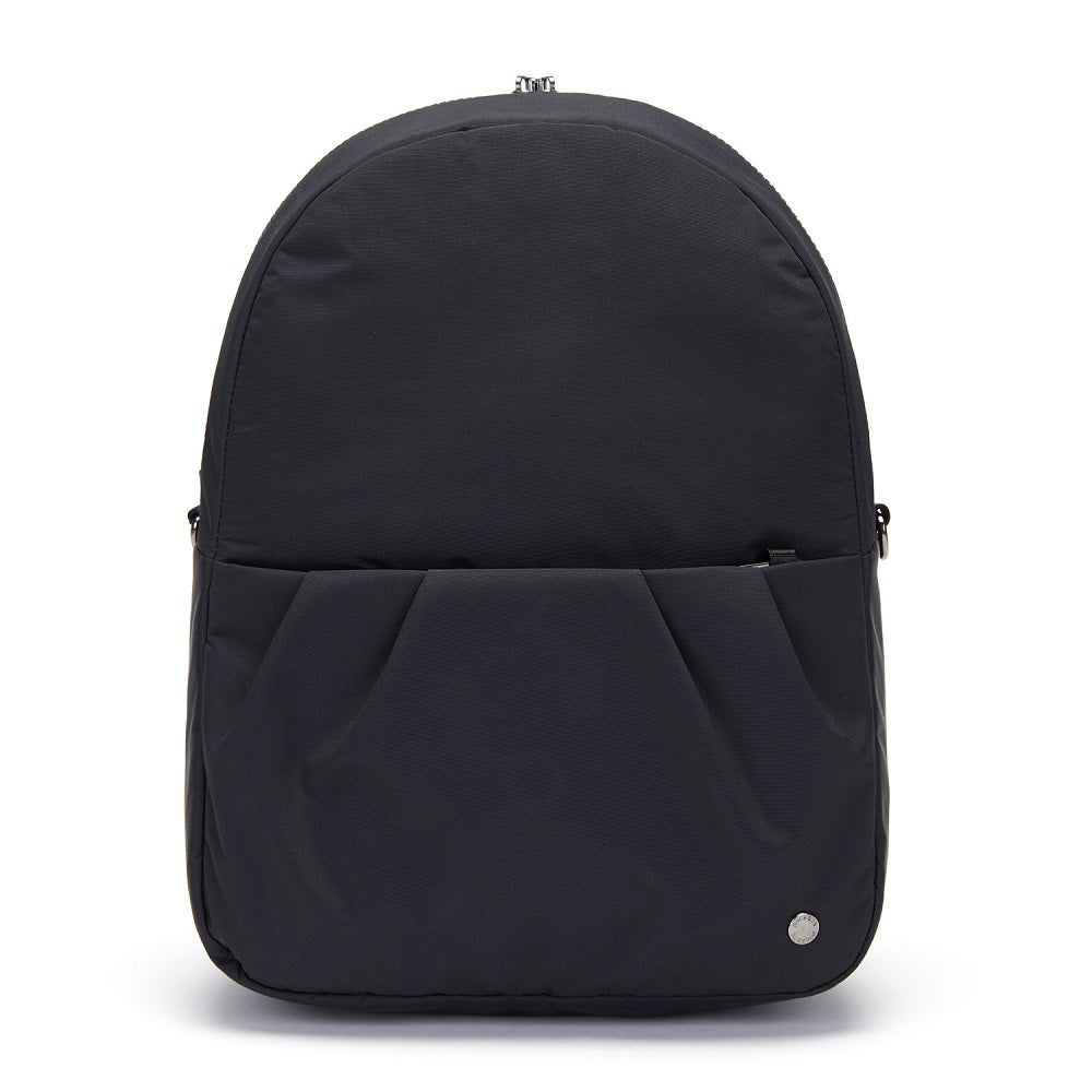 Front view of the Pacsafe Citysafe CX Anti-Theft Convertible Backpack color Black made with ECONYL® regenerated nylon