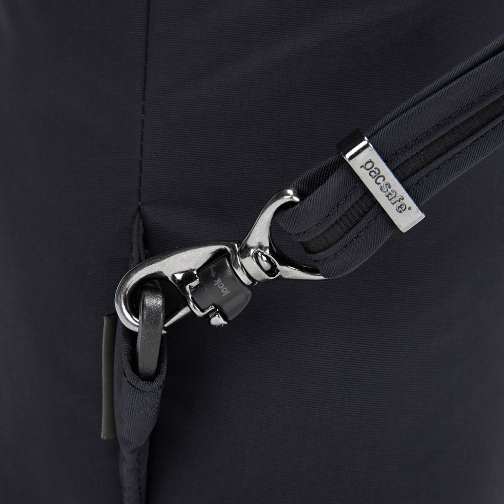 Detail of the Pacsafe Citysafe CX Anti-Theft Mini Backpack color Black made with ECONYL® regenerated nylon