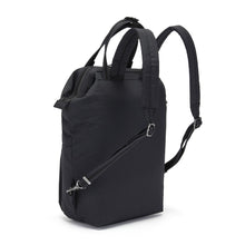 Load image into Gallery viewer, Side back view of the Pacsafe Citysafe CX Anti-Theft Mini Backpack color Black made with ECONYL® regenerated nylon
